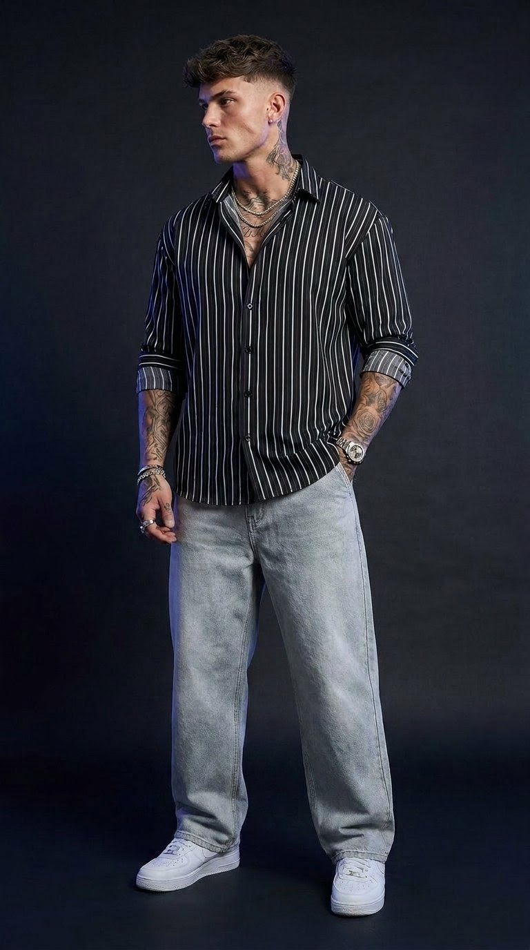 Old Money Striped Shirt & Baggy Jeans Combo set
