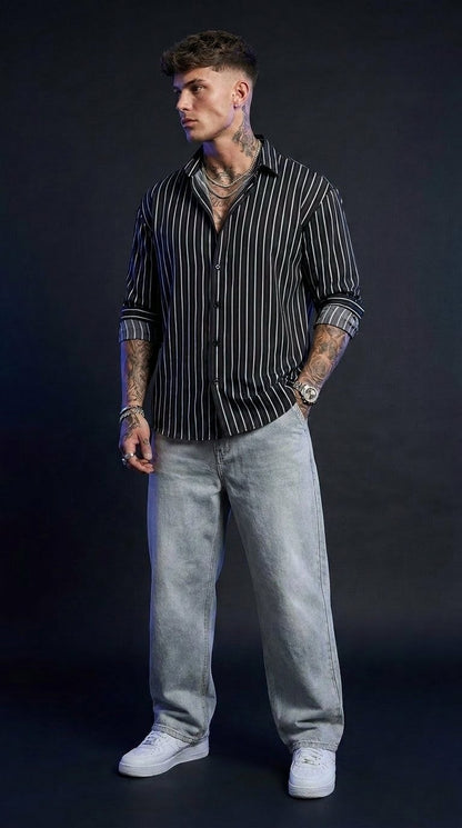 Old Money Striped Shirt & Baggy Jeans Combo set