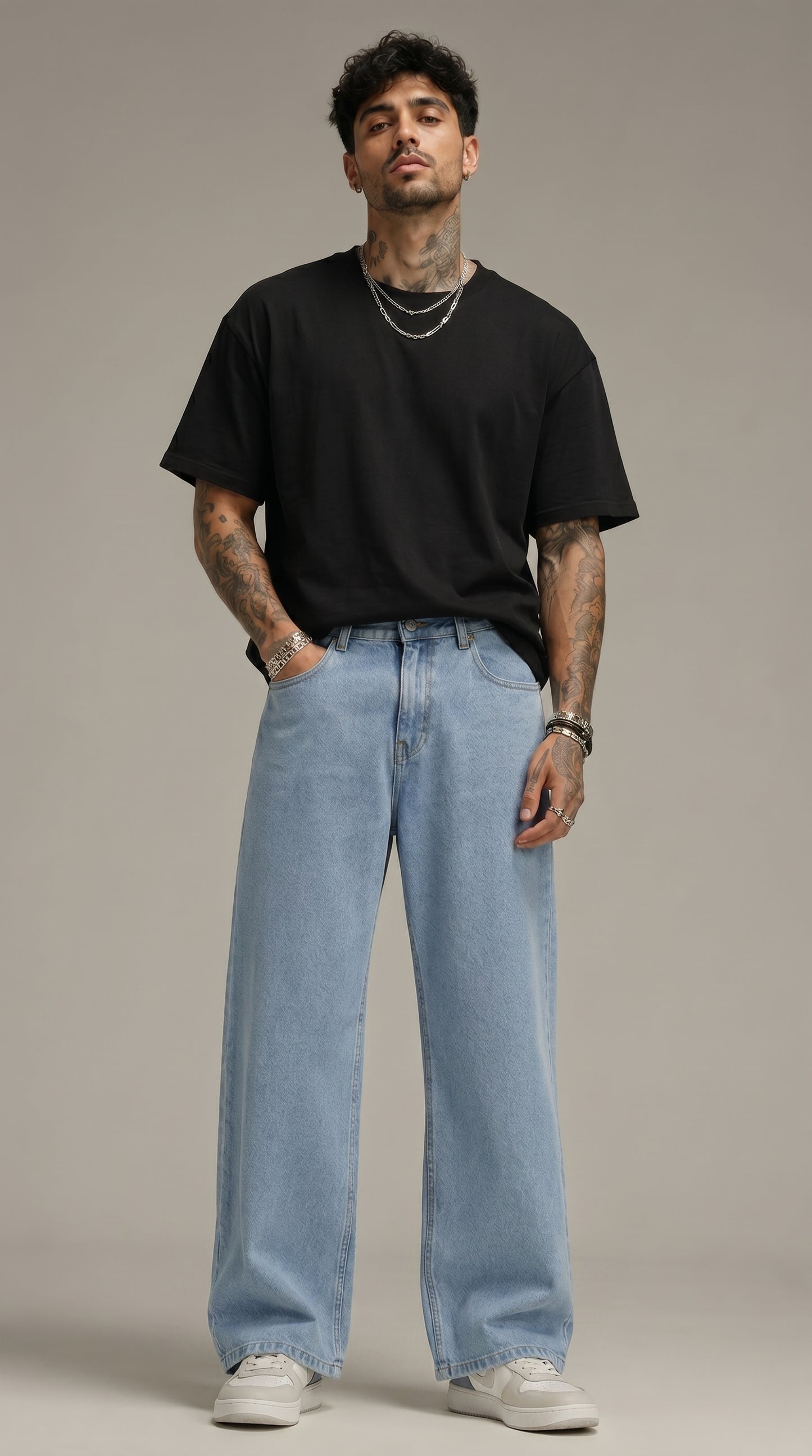 Light Blue Loose Fit Baggy Jeans for Men