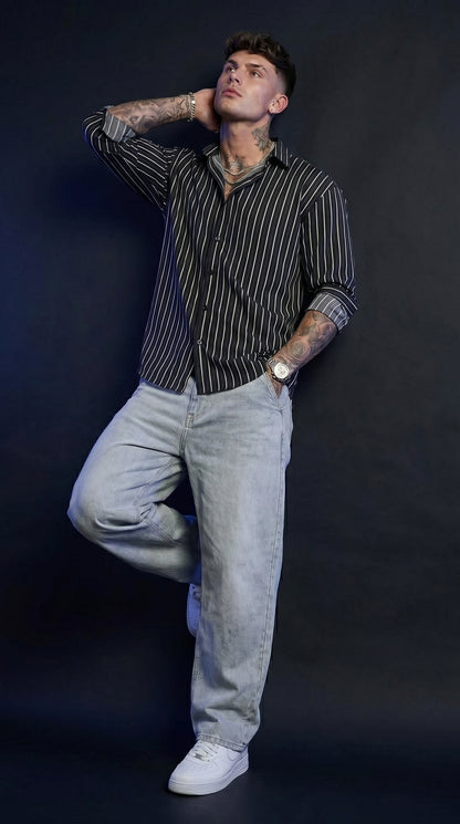 Old Money Striped Shirt & Baggy Jeans Combo set