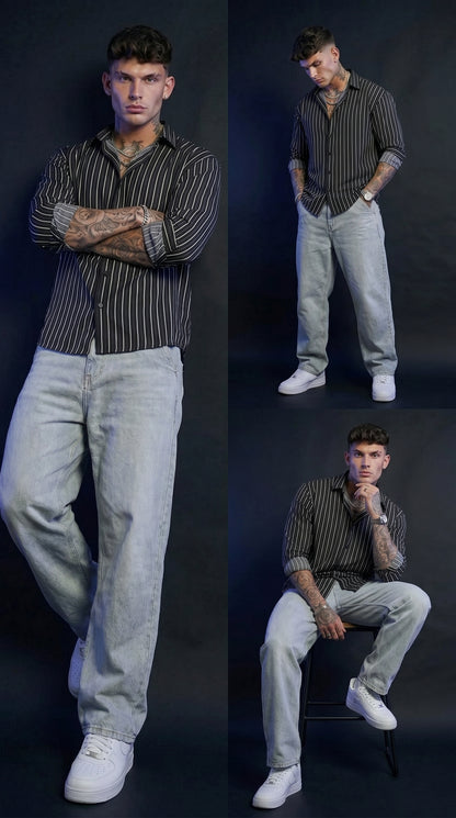 Old Money Striped Shirt & Baggy Jeans Combo set