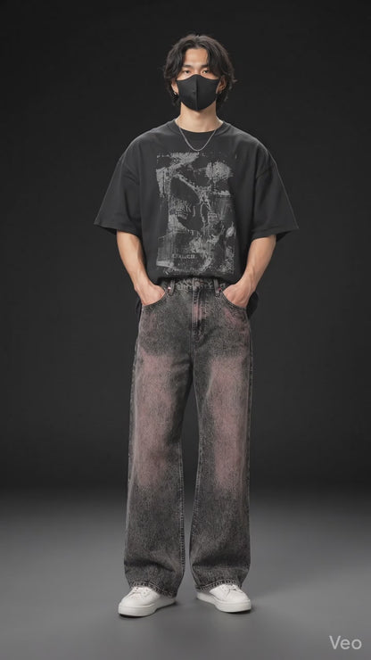Black Grey Acid Wash Baggy Jeans